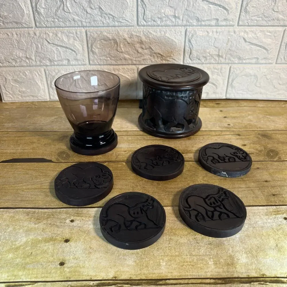 Hand Carved Wooden Africa 6 Coaster Set with Holder & Lid Beautiful Boho 4x5”